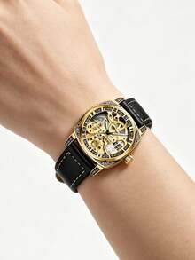 Herren-Armbanduhr in Schwarz aus Zinklegierung, Business-Stil, leuchtend, graviert, Automatik-Tourbillon, skelettiert, mechanisch - Schwarz - Übersicht 5