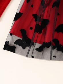 Halloween Girls Fashion Rhinestone Velvet Bat Mesh Dress - Red - View 6