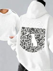 Local Men's Patterned Hoodie,With Pocket,Regular Casual Pullover,Suitable For Autumn And Winter,Machine Washable Fashion Printed Sweatshirt - 白色 - 查看 3