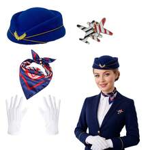 1件/5件組 空服員服裝套裝，含空服員帽子、徽章、圍巾、手套，適合萬聖節角色扮演、服裝派對、主題派對、單身女派對及其他派對場合，女款服裝套裝 - 彩色 - 查看 2
