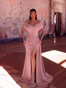 ADYCE Elegant One Shoulder Cross V Neck Pleated High Waist Long Ribbon High Slit Backless Floor Length Prom Dress Wedding Guest Prom Homecoming Date Ball - Pink - View 3