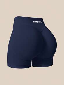 TimeOff Women's 1pc Solid Color High Waist Ribbed Waistband Ruched Butt Athletic Shorts - Navy Blue - View 3
