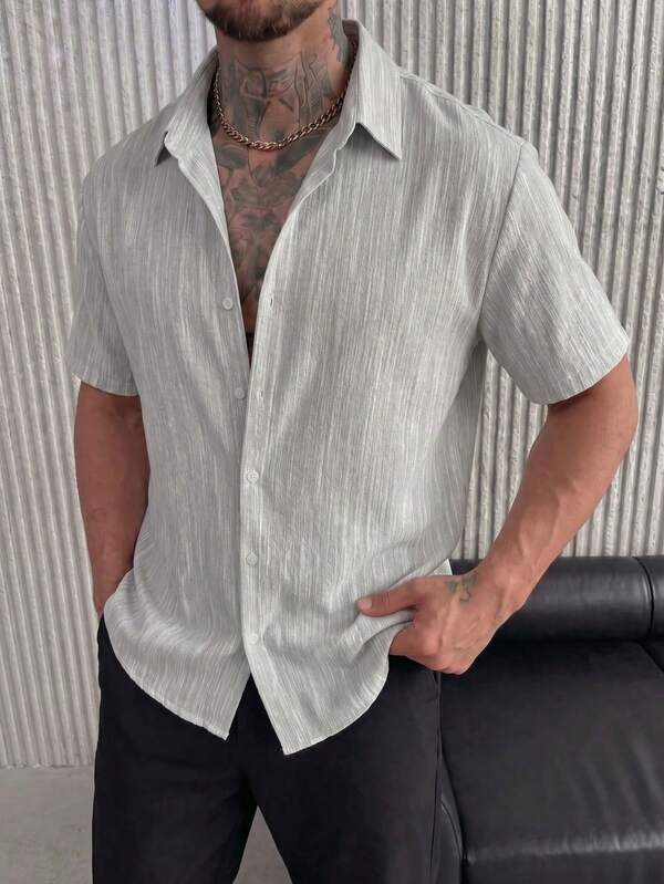 Men's Short Sleeve Button-Down Shirt With Turn-Down Collar, Light Gray Textured Subtle Vertical Stripe Basic Top, Old Money Quiet Luxury Minimalist Clean Fit, Light Business Commute, Coastal Vacation, Street Style, Soft Fabric, Lightweight Breathable, Daily Office, Beach, Travel, Brunch, Summer Casual Menswear