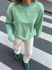 Women's Casual Top, Striped Color Block Ribbed Knit, Everyday Wear, Spring/Autumn - Teal - View 3