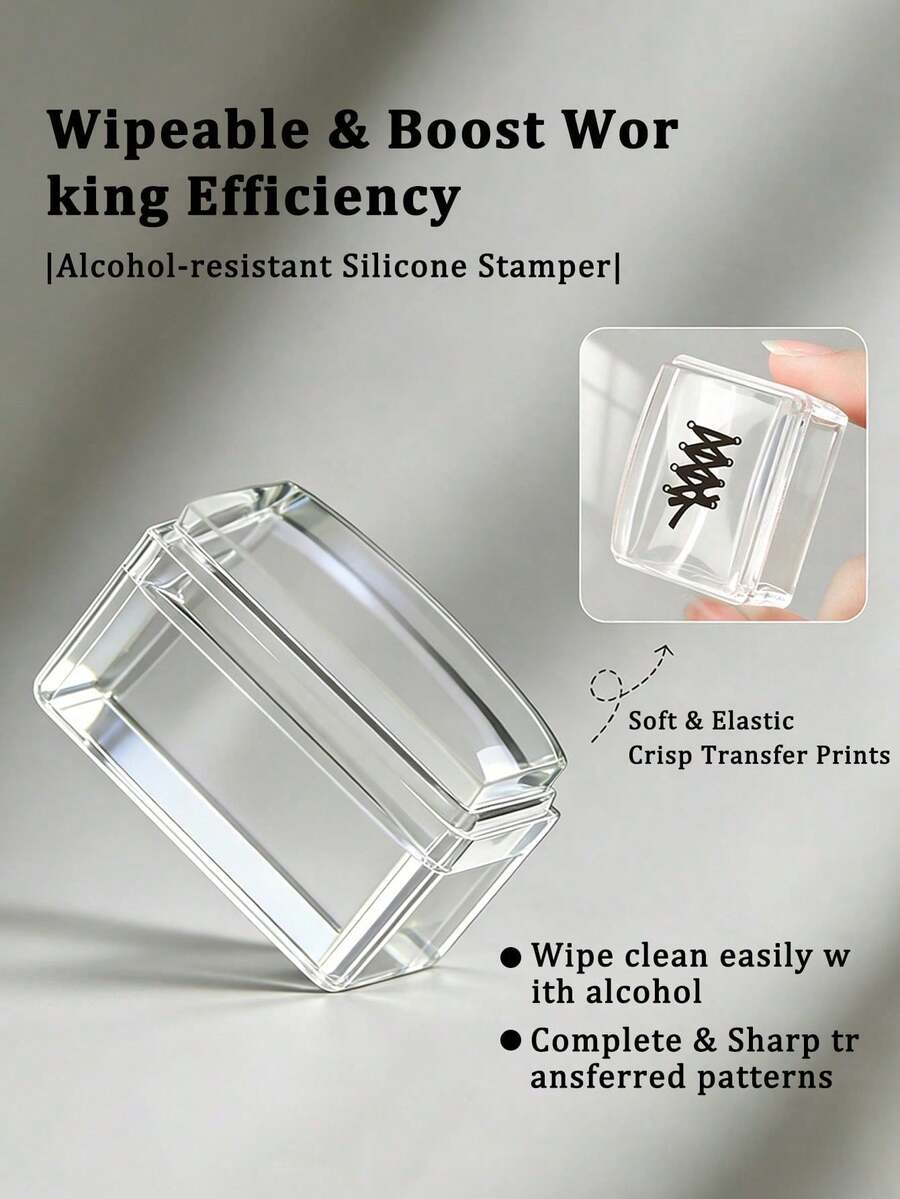 1PC Square Transparent Silicone Nail Stamp Set, High Transparency, Alcohol-Wipeable, Suitable For Large Steel Plates. Includes A Rectangular Gel Nail Stamp, A Scraper, And A Replacement Silicone Stamp Head. - Multicolor - View 1