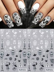 2pcs Gothic Sugar Skull Halloween Nail Stickers, Self-Adhesive Nail Decals With Day Of The Dead Floral Skull Bat Spider Web Crescent Moon Star Pattern, Dark Vintage Horror Nail Art Stickers For Halloween Salon DIY Manicure Press On Nails Decoration - Black and White - View 5