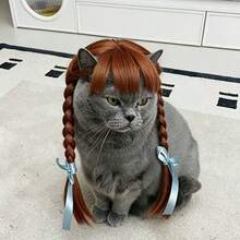 1pc Cat Double Braided Ponytail Wig Brown With Bowknot Bangs Ponytail Pet Costume Wig, Halloween - Coffee Brown - View 6