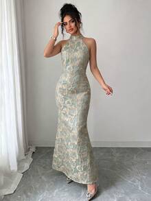 花卉印花漸層色浪漫優雅婚禮賓客正式晚宴掛脖洋裝 派對度假秋季 - 綠色 - 查看 6