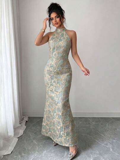 Floral Print Gradient Color Romantic Elegant Wedding Guest Formal Evening Halter Neck Dress