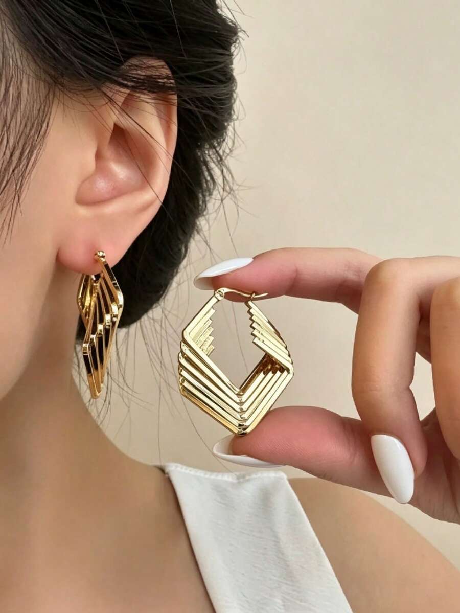 YUNCHUN 1 Pair Gold Stainless Steel Bohemian Rhombus Multi-Layer Earrings, Festive Geometric Ear Jewelry - Gold - View 1