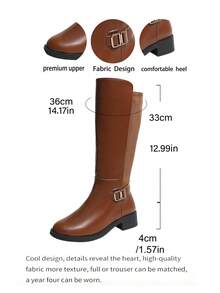 Autumn/Winter Brown Side Zipper Metal Buckle Patchwork Low Heel Fashion Riding Boots - Brown - View 8