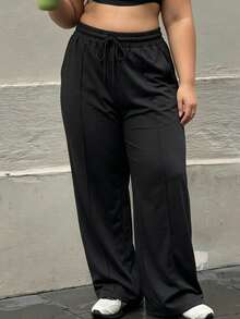 Women's Plus Size Elegant Casual Drawstring Waist Long Pants - Black - View 2