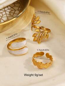 3pcs Stainless Steel Minimalist Fashion Leaf & Sun Rings Set, Suitable For Women's Daily Wear And Party - Multicolor - View 2