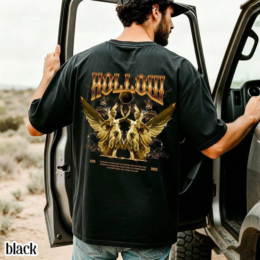 Hollow Gold Twin Angel Rücken-Print Oversized Herren T-Shirt Luxus Gothic Streetwear Tee - Schwarz - Übersicht 1