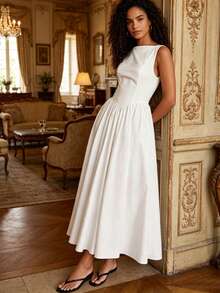 MODA MO, REF: H978 Women's Dress, Long Dress, Sleeveless, Round Neckline, High Waist, Backless, Dress With Zipper, Slim Model, A-Line Dress, Elegant, Modern, Light, Comfortable, Versatile, Refined Look, Casual Chic Dress, Dress For Events, Sophisticated Look, Summer Dress, Quality Finish, Feminine Style. - 白色 - 查看 1