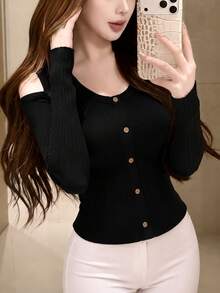 2026 Hot Girl Style Off-Shoulder Knitted Cardigan, Elastic Knit Fabric Slimming Cardigan For Women 18-35 Years Old Black - Black - View 6