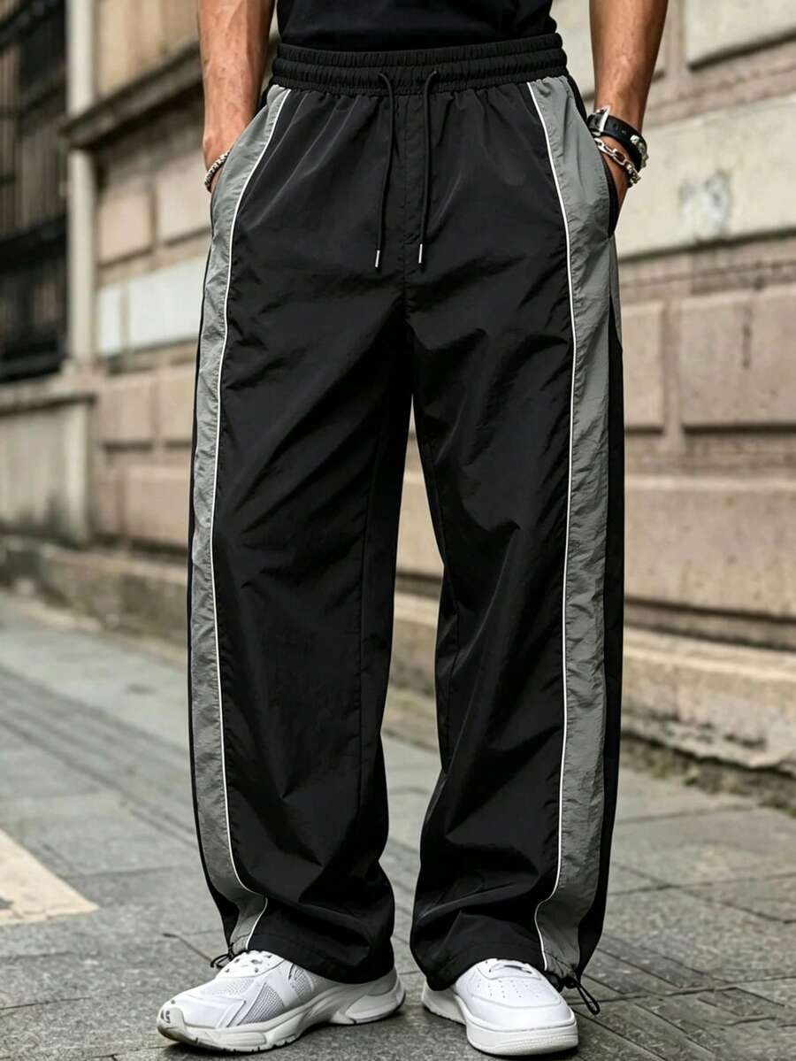 Men's Loose Fit Nylon Quick-Dry Sports Long Pants, Contrast Side Stripes, Drawstring Waist, Adjustable Cuffs, Streetwear Casual Joggers, Suitable For Outdoor, Gym Wear - Grey - View 1