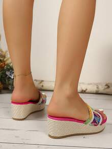 Women's Summer Fashion Bright Color Bohemian Daily Vacation Comfortable Versatile Wedge Platform Sandals - Hot Pink - View 4