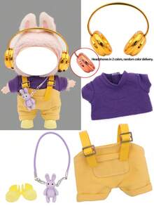 5pcs Rabbit Strap Sports Set Suitable For 1st/2nd/3rd Generation LALBUB, Including 1 Sports Earphone + 1 T-Shirt + 1 Bib Pants + 1 Rabbit Bag + 1 Rabbit Shoes, Suitable For 15-17cm Doll, Super Cute, Back To School Gift (Doll Not Included) - Multicolor - View 3