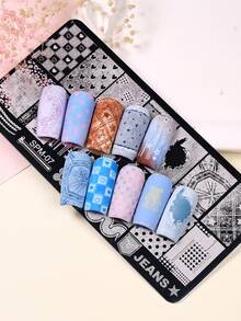 1 peça Placa de Carimbo para Unhas em Denim, Molde de Arte de Unhas em Aço Inoxidável com Textura de Denim, Coração, Xadrez, Bolinhas, Urso, Laço, Estrela e Padrão Grunge Rasgado, Placa de Carimbo de Unhas Y2K Doce e Feminina Estilo Cowboy para Acessórios de Manicure DIY de Salão - Prata - Ver 6
