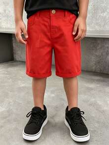 Young Boy Black Denim Shorts With Embroidered Logo, Distressed Wash, Adjustable Elastic Waistband, Stretch Denim Knee Length Pants - Red - View 10