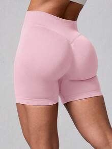 1pc Women's Ribbed Solid Color Seamless Bodycon Sports Shorts, Butt-Lifting Ruched Outdoor Athletic Shorts For Running, Fitness, Cycling, Workout Pink - Pink - View 6