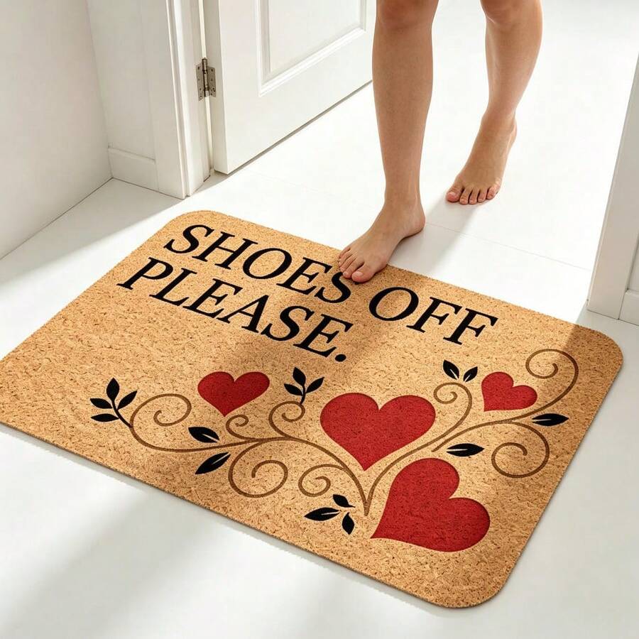 1pc Brown Background Red Heart Vine Print Shoes Off Please Doormat, Soft Pastoral Style Flannel Rounded Rectangle Rug, Symmetrical Scroll Leaf Design With 4 Red Hearts, Non-Slip Dust-Absorbing Water-Absorbent Entrance Mat, Suitable For Wedding Room, Entryway, Living Room, Indoor, All Season Daily Home Use