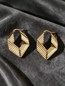 YUNCHUN 1 Pair Gold Stainless Steel Bohemian Rhombus Multi-Layer Earrings, Festive Geometric Ear Jewelry - Gold - View 6