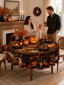 1pc Halloween Pumpkin Lantern Crow Ghost Tablecloth, Vintage Autumn Pumpkin Skull Bat Full Moon Print Round/Rectangular Tablecloth, Spooky Farmhouse Style Halloween Dinner Party Table Decor, Autumn Holiday Tablecloth - Multicolor - View 5