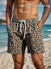 Plus Size Men's Black Leopard Cheetah Print Swim Trunks, Casual Funny Beach Shorts For Summer Holiday Vacation & Gift Selection - Leopard Print - View 1