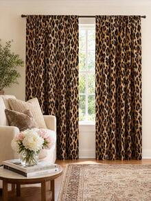 2pcs Vintage Brown Leopard Print Decorative Curtains, Rod Pocket Design, Easy Installation And Removable, Polyester Material, Suitable For Living Room, Bedroom, Luxury Vintage Home Decor. - Multicolor - View 6