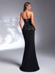 IBTRLY New High-End Elegant Black Strapless Dress With Beaded Sequin Decor, Satin Fabric, Ruffle Trim, Elastic Fabric, Prom Fall Wedding Party - Black - View 4
