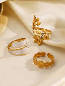 3pcs Stainless Steel Minimalist Fashion Leaf & Sun Rings Set, Suitable For Women's Daily Wear And Party - Multicolor - View 5