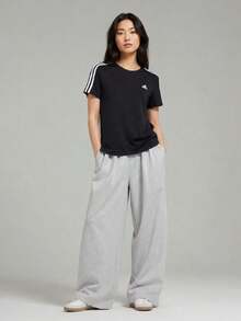 Adidas ESSENTIALS W 3s T Black American Retro Three Stripes Print Sport Crew Neck Short Sleeve T-Shirt For Women - Black - View 2