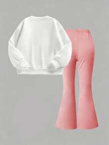 Young Girl Letter Bow Print Long Sleeve Crew Neck Sweatshirt And Flare Pants Casual Set - Pink - View 3