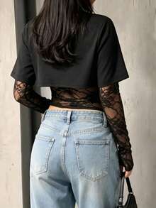 NOIRLYN Women's Autumn Y2K 2 In 1 Lace Patchwork Long Sleeve Top, Sexy Fitted Round Neck Layered T-Shirt, Street Style Black - Black - View 2