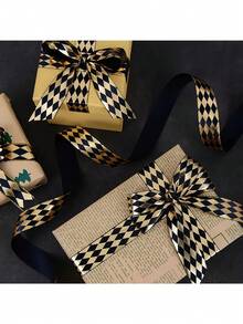 1pc Red & Gold Foil Diamond Lattice Satin Ribbon, Heat-Stamped Diamond Pattern Gift Wrapping Ribbon, Suitable For Halloween, Christmas Bows, Handmade Gifts, Packaging Decoration, Theme Party, Home Decor, Holiday Celebration - Multiple Styles - View 9