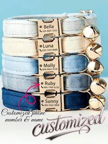 Customized: Luxury Velvet Sky Blue Personalized Cat Collar Bow Tie Leash Set, Customized Cat/Dog Name Tag, Comes With Golden Bell, Pet Engraved Gift - Multicolor - View 12