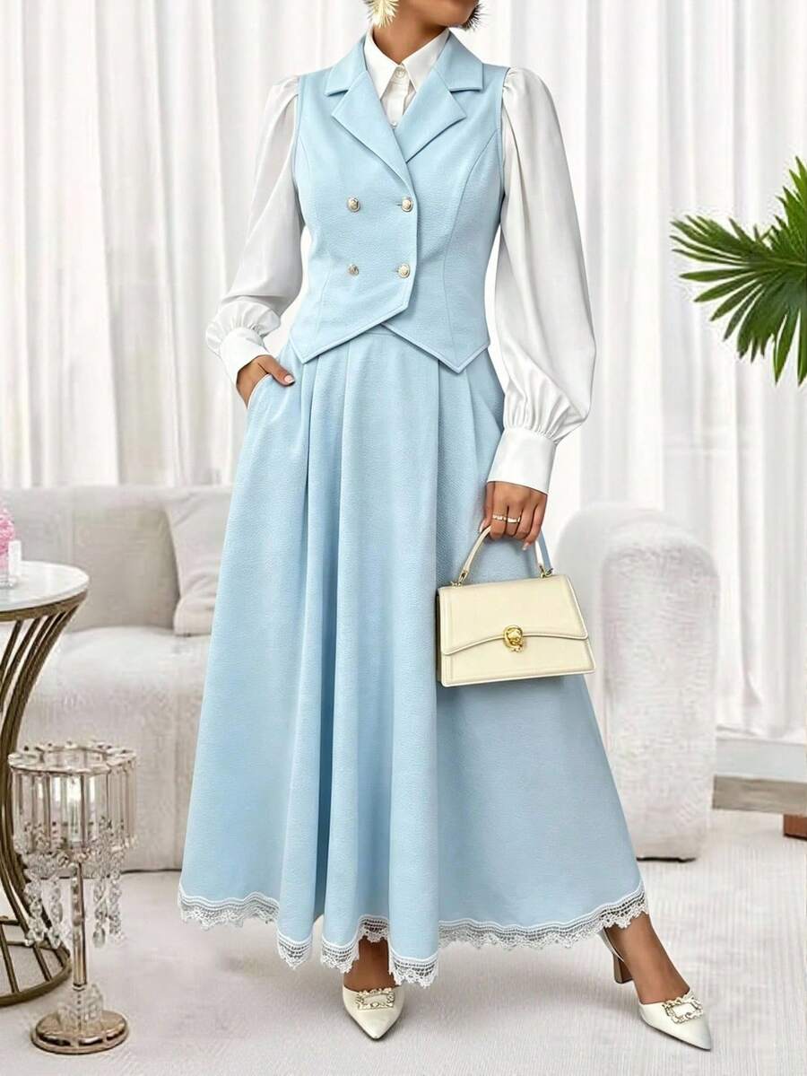 Setelan 2 Potong Elegan Wanita Warna Polos dengan Kerah Ganda dan Tanpa Lengan, Cocok untuk Musim Panas - MultiWarna - View 1