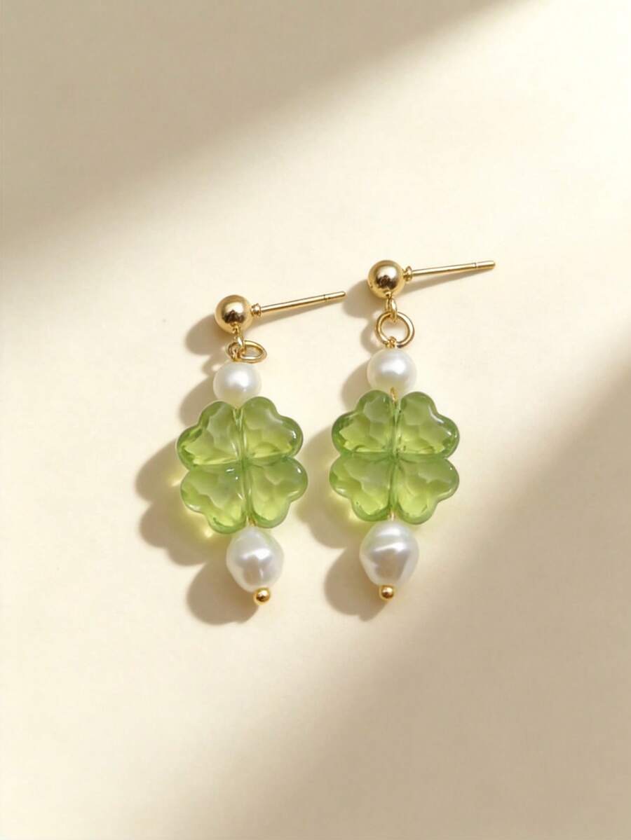 1 Pair Light Green Four-Leaf Clover Pearl Drop Earrings, Elegant Women's Dangle Earrings, Soft Girl Style Spring/Summer Wedding Jewelry - Green - View 1