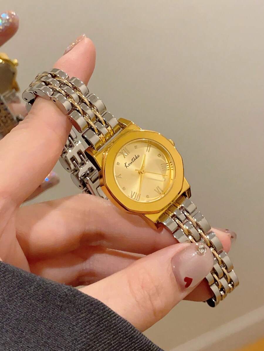 1件復古銀色不鏽鋼方形小錶盤女款手錶,時尚優雅石英腕錶,適合日常配戴 - 銀間金 - 查看 1