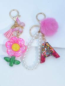 1pc Resin Starry Sky Epoxy Letter Keychain With Black Fur Ball Tassel Decor, Heart Pendant Gift For Friend And Mom - Hot Pink - View 3