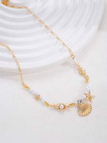 1 pieza Collar colgante de moda minimalista elegante con perla falsa, estrella de mar, concha y caracol en color dorado para mujeres, regalo de verano, vacaciones en la playa, cita, fiesta, vacaciones, cumpleaños, versátil para uso diario - Amarillo Oro - View 5