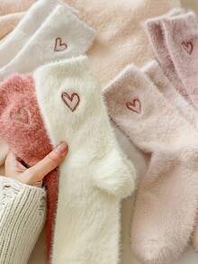 Women's Mid-Calf Floor Socks With Heart Pattern Plush, Soft Thick Daily Long Socks - Multicolor - View 5