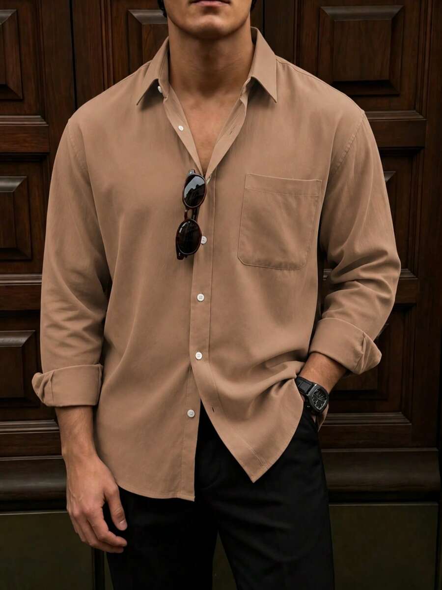 GloMan Old Money 男士卡其色長袖鈕扣式純色棕色正裝襯衫,適用婚禮、辦公工作、正式派對,送給父親/丈夫 - 卡其色 - 查看 1