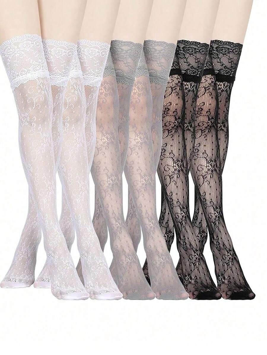 1 Pair Floral Pattern Over-The-Knee Socks, Patterned Design To Match Skirts, Elastic And Comfortable, Party Holiday Gift - Multicolor - View 1