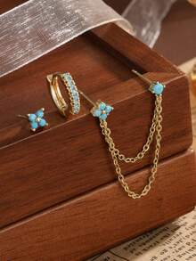 6pcs Exquisite Dazzling Earring Sets Earrings Stack Golden Copper Color Turquoise Color Stone Zirconia Hoop Stack Gifts For Women - Earring Set - View 6