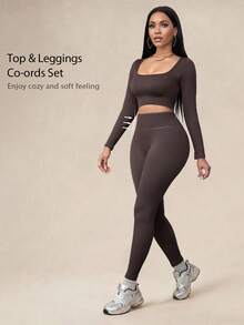 1 Set Donna Top Marrone Scollo Quadrato Maniche Lunghe + Pantaloni Vita Alta Sollevamento Glutei Modellanti Yoga/Fitness Set Sportivo Estivo - Castano - Visualizzare 2