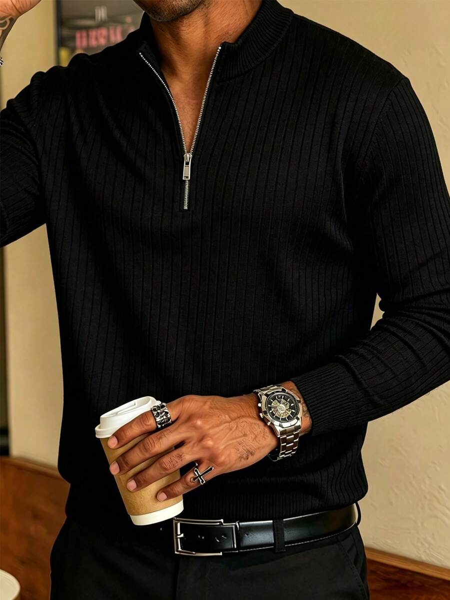 Men's Spring/Autumn Fashion Minimalist Striped Slim Fit Regular Shoulder Zip Collar Long Sleeve Knit Polo Shirt T-Shirt - Black - View 1