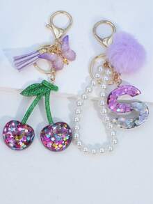 1pc Resin Starry Sky Epoxy Letter Keychain With Black Fur Ball Tassel Decor, Heart Pendant Gift For Friend And Mom - Mauve Purple - View 12